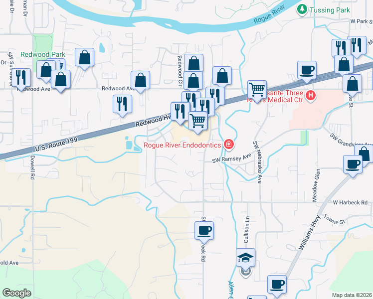 map of restaurants, bars, coffee shops, grocery stores, and more near 1750 Patriot Lane in Grants Pass