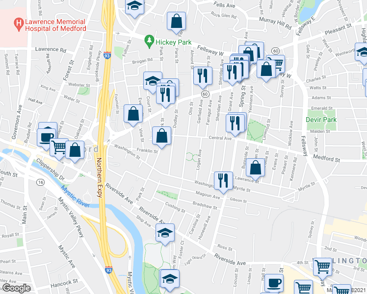 map of restaurants, bars, coffee shops, grocery stores, and more near 50 Otis Street in Medford