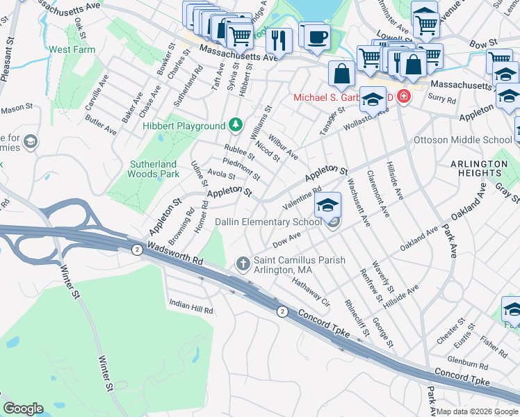 map of restaurants, bars, coffee shops, grocery stores, and more near 6 Virginia Road in Arlington
