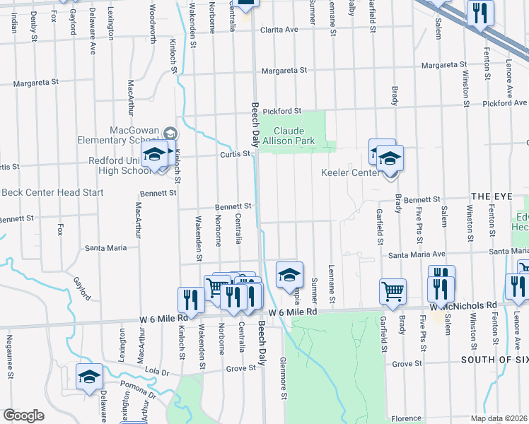 map of restaurants, bars, coffee shops, grocery stores, and more near 17444 Beech Daly in Redford Charter Township