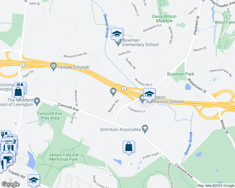 map of restaurants, bars, coffee shops, grocery stores, and more near 7 Webster Road in Lexington
