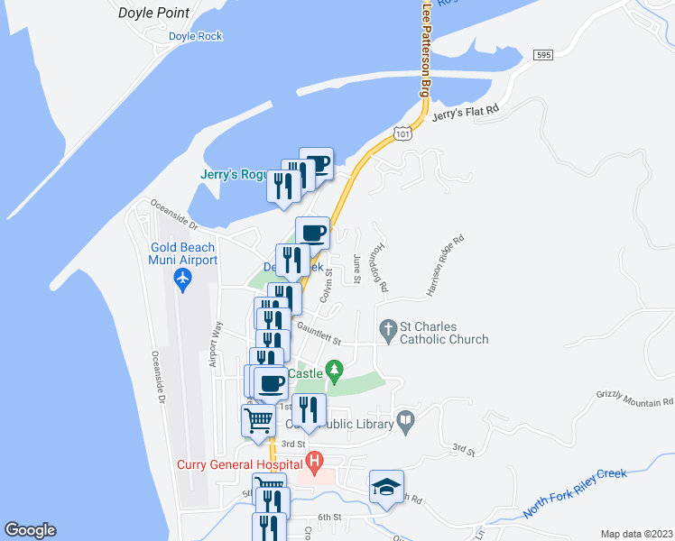 map of restaurants, bars, coffee shops, grocery stores, and more near 94256 June Street in Gold Beach