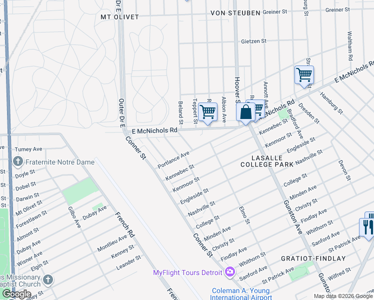 map of restaurants, bars, coffee shops, grocery stores, and more near 11227 Portlance Avenue in Detroit