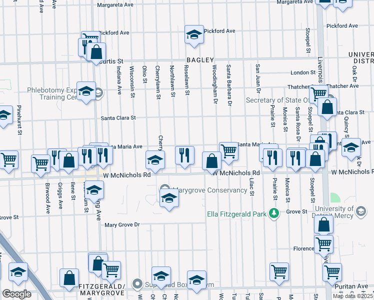 map of restaurants, bars, coffee shops, grocery stores, and more near 17203 Roselawn Street in Detroit