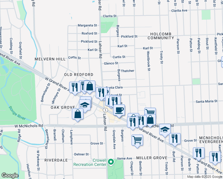 map of restaurants, bars, coffee shops, grocery stores, and more near 21639 Santa Clara in Detroit