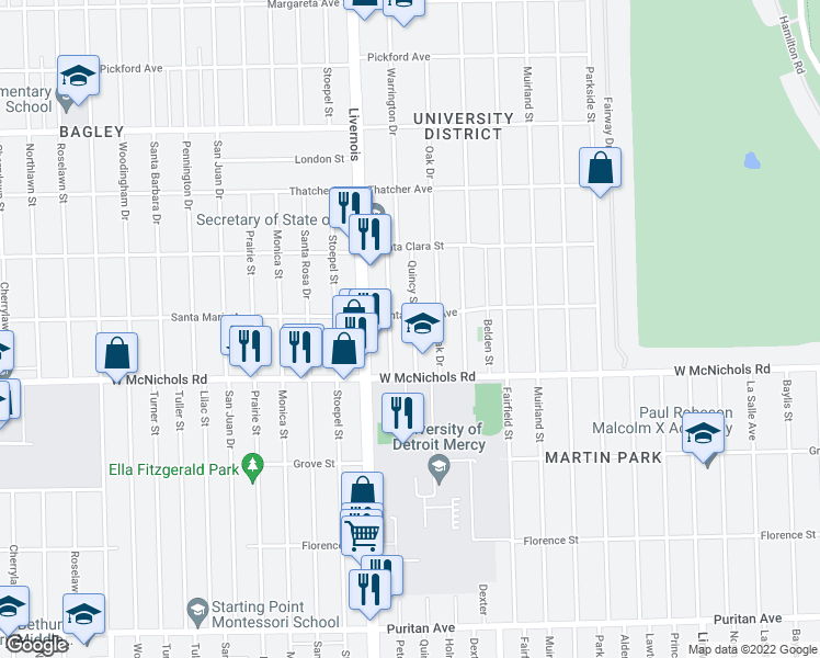 map of restaurants, bars, coffee shops, grocery stores, and more near 17193 Quincy Street in Detroit