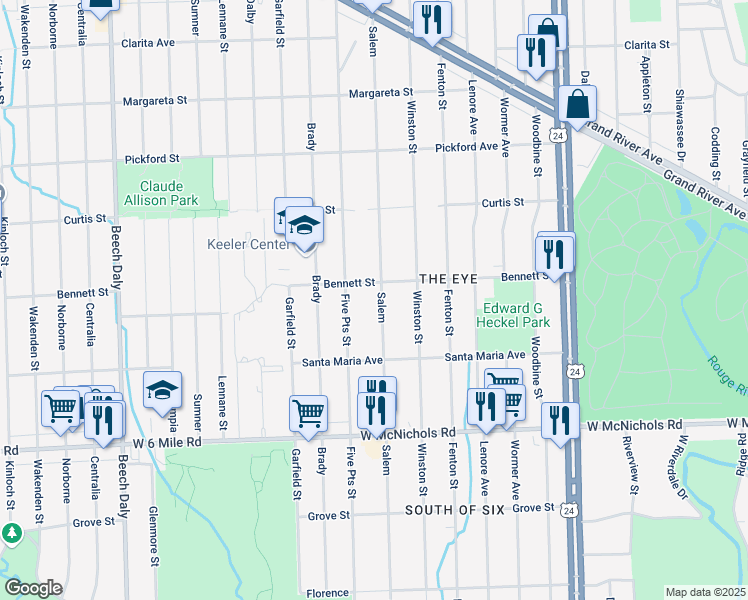 map of restaurants, bars, coffee shops, grocery stores, and more near 17435 Salem in Detroit