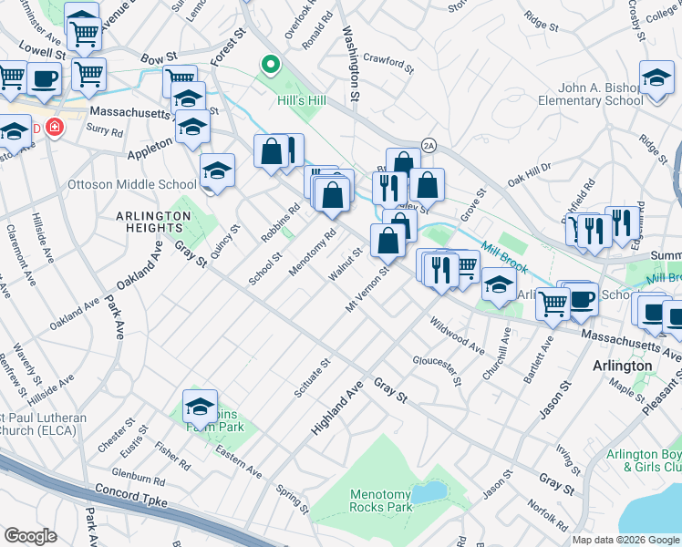 map of restaurants, bars, coffee shops, grocery stores, and more near 32 Walnut Street in Arlington