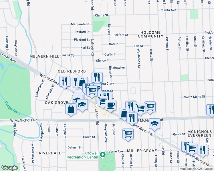 map of restaurants, bars, coffee shops, grocery stores, and more near 21639 Santa Clara in Detroit