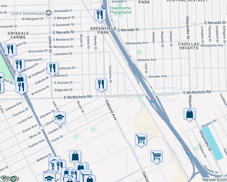 map of restaurants, bars, coffee shops, grocery stores, and more near 1045 East McNichols Road in Detroit