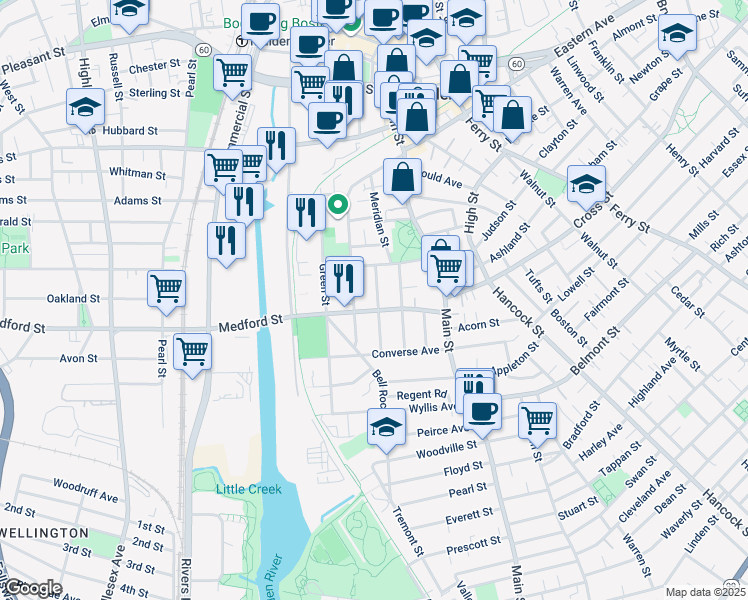 map of restaurants, bars, coffee shops, grocery stores, and more near 29 Brackenbury Street in Malden