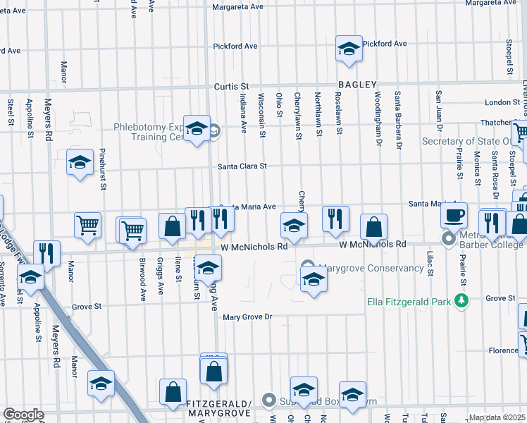 map of restaurants, bars, coffee shops, grocery stores, and more near 17207 Wisconsin Street in Detroit
