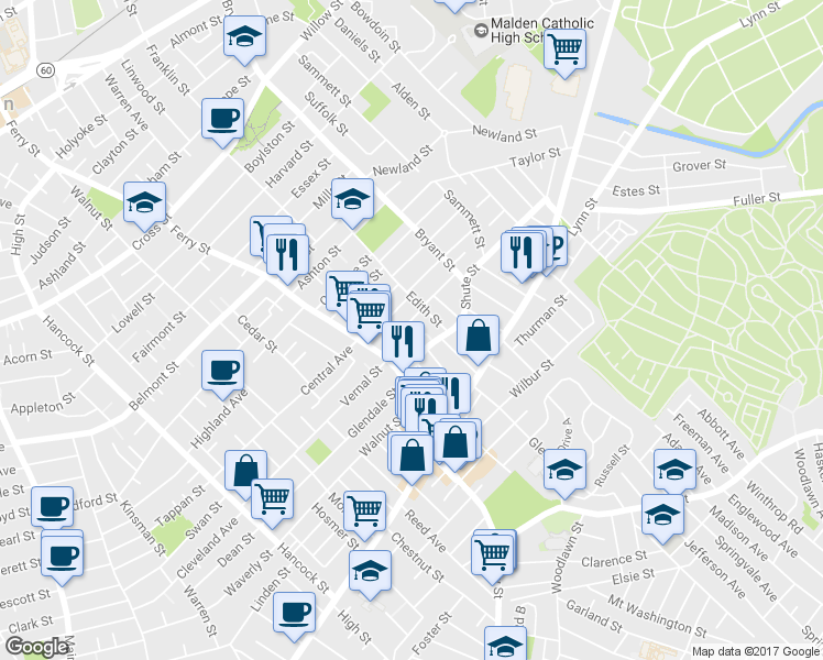 map of restaurants, bars, coffee shops, grocery stores, and more near 33 Bolster Street in Everett