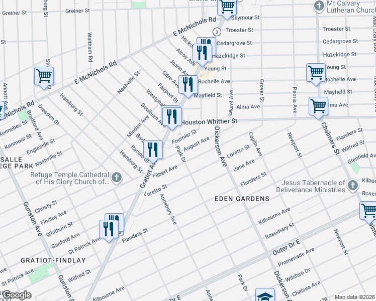 map of restaurants, bars, coffee shops, grocery stores, and more near 12740 August Avenue in Detroit
