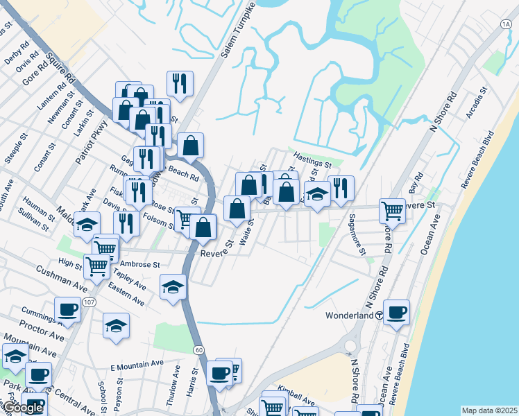 map of restaurants, bars, coffee shops, grocery stores, and more near 288 Revere Street in Revere