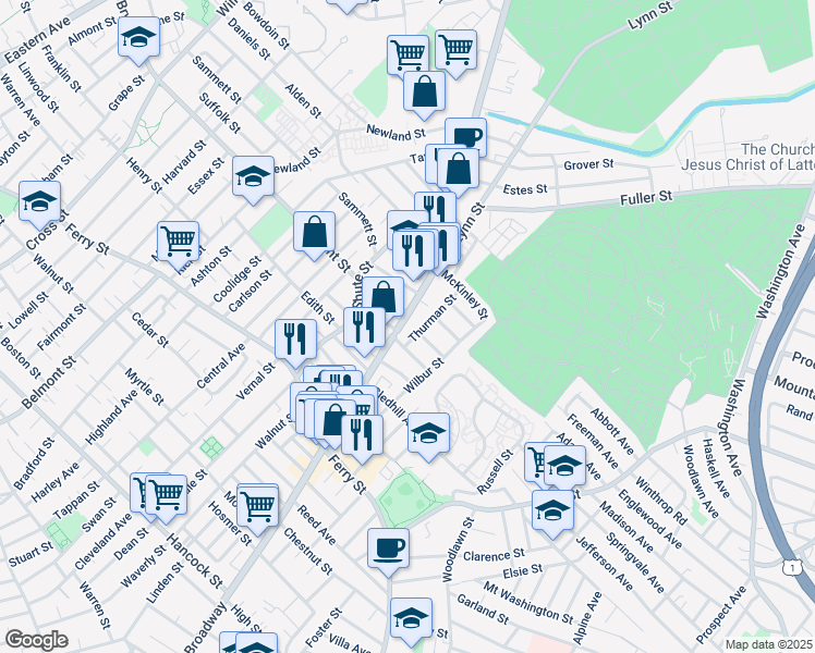 map of restaurants, bars, coffee shops, grocery stores, and more near 22 Thurman Street in Everett