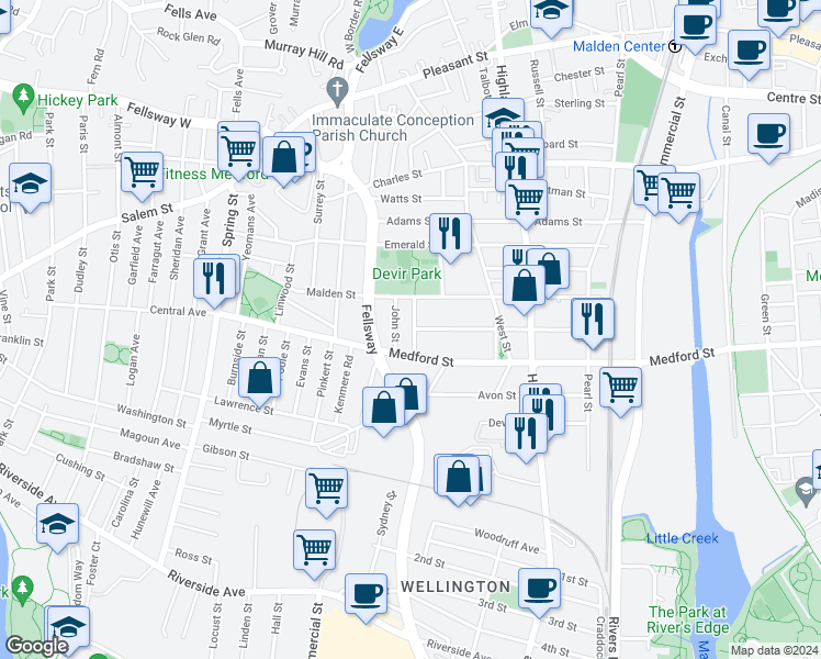 map of restaurants, bars, coffee shops, grocery stores, and more near 36-38 John Street in Malden