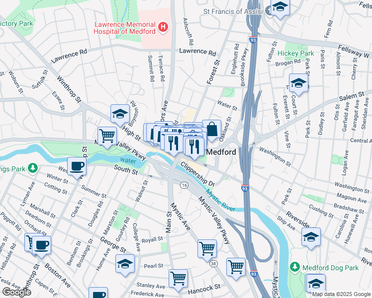map of restaurants, bars, coffee shops, grocery stores, and more near in Medford