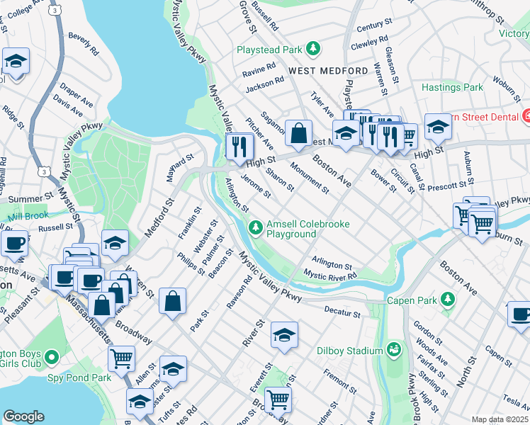 map of restaurants, bars, coffee shops, grocery stores, and more near 65 Arlington Street in Medford