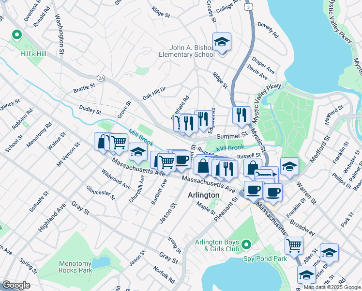 map of restaurants, bars, coffee shops, grocery stores, and more near 30 Mill Street in Arlington