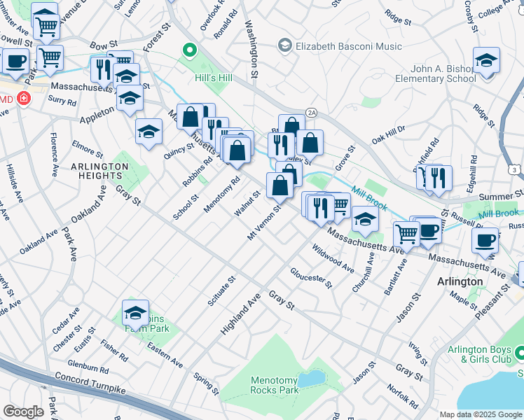 map of restaurants, bars, coffee shops, grocery stores, and more near 13 Walnut Court in Arlington