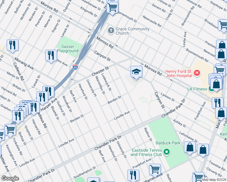 map of restaurants, bars, coffee shops, grocery stores, and more near 6150 Lodewyck Street in Detroit