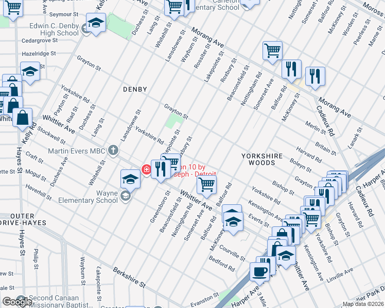 map of restaurants, bars, coffee shops, grocery stores, and more near 10720 Beaconsfield Street in Detroit