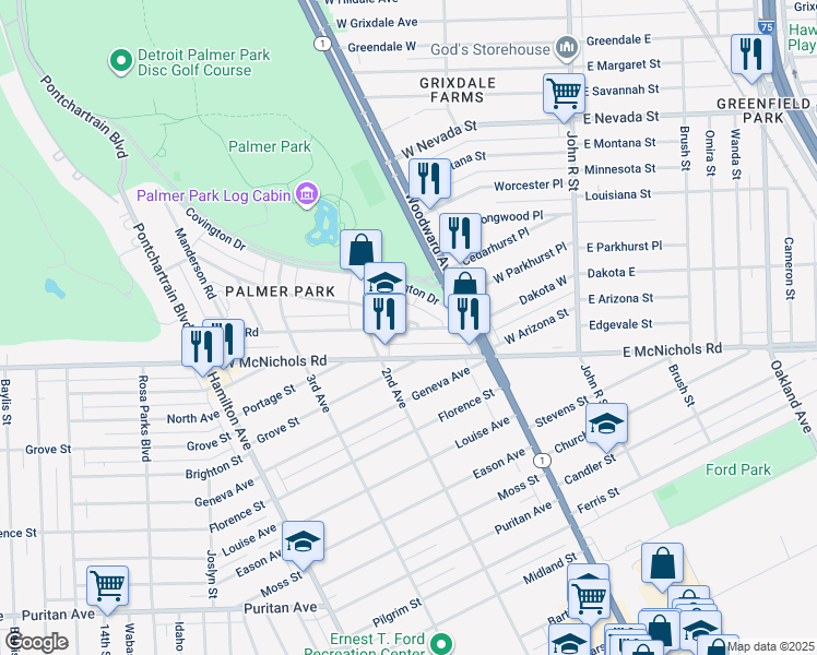 map of restaurants, bars, coffee shops, grocery stores, and more near 361 Merton Road in Highland Park