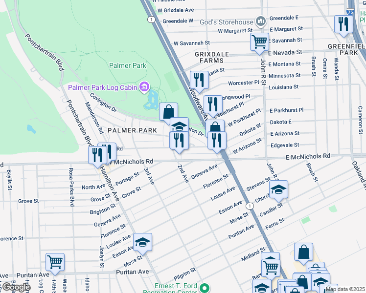 map of restaurants, bars, coffee shops, grocery stores, and more near 361 Merton Road in Highland Park