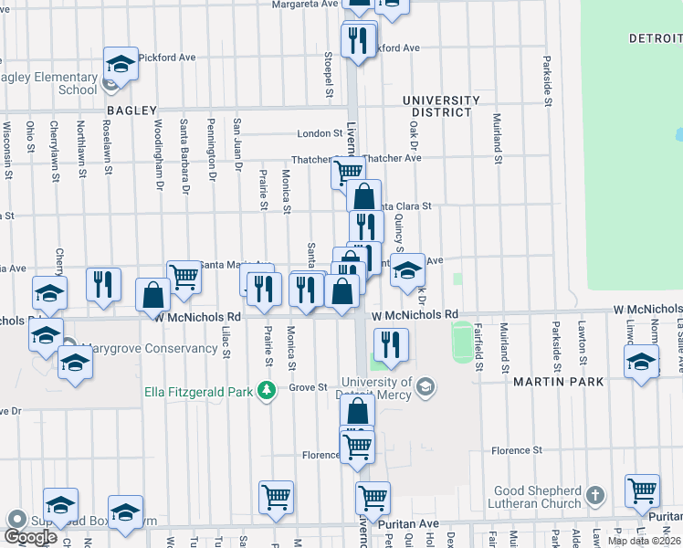 map of restaurants, bars, coffee shops, grocery stores, and more near 17197 Stoepel Street in Detroit