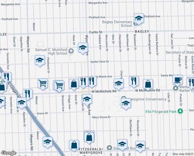 map of restaurants, bars, coffee shops, grocery stores, and more near 17201 Indiana Street in Detroit