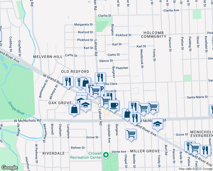 map of restaurants, bars, coffee shops, grocery stores, and more near 21639 Santa Clara in Detroit