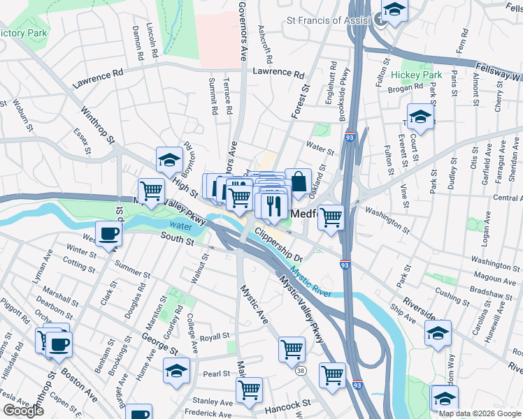 map of restaurants, bars, coffee shops, grocery stores, and more near in Medford