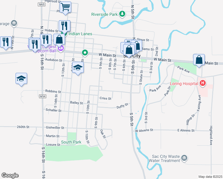 map of restaurants, bars, coffee shops, grocery stores, and more near 700 Platt Street in Sac City