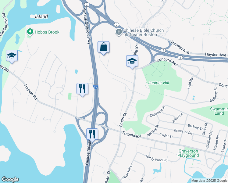 map of restaurants, bars, coffee shops, grocery stores, and more near 200 Smith Street in Waltham