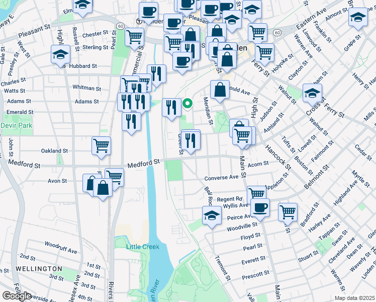 map of restaurants, bars, coffee shops, grocery stores, and more near 14 Berry Street in Malden