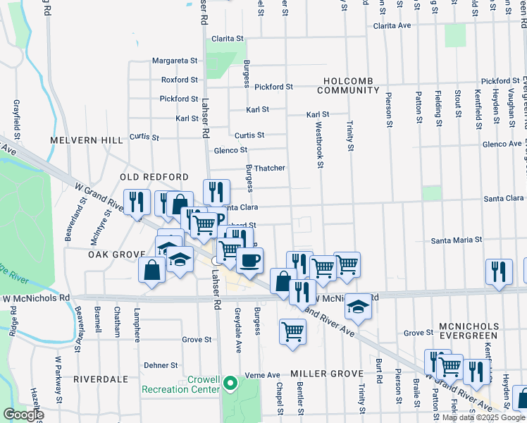 map of restaurants, bars, coffee shops, grocery stores, and more near 21489 Santa Clara in Detroit