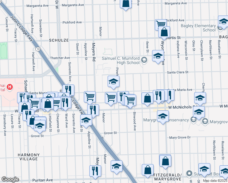 map of restaurants, bars, coffee shops, grocery stores, and more near 10700 Santa Maria Avenue in Detroit