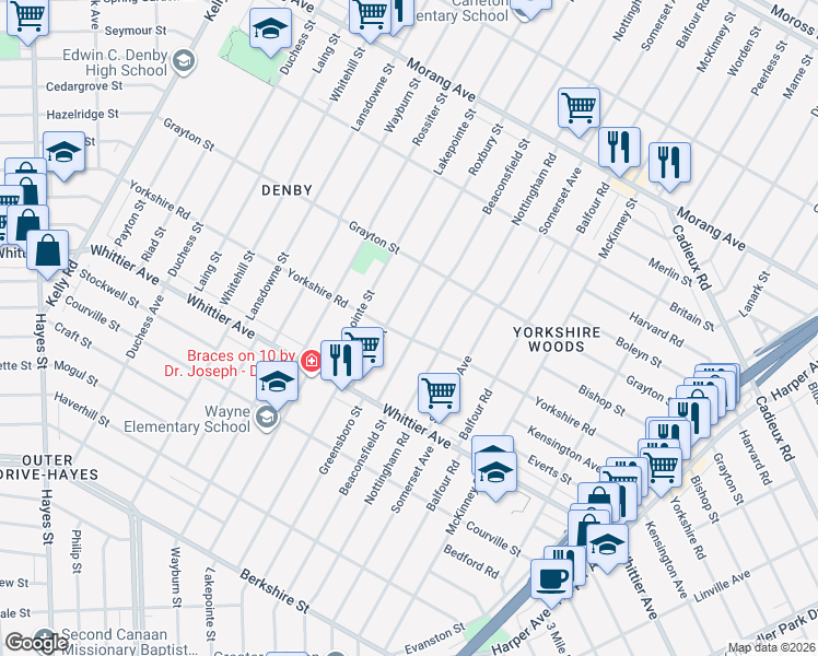 map of restaurants, bars, coffee shops, grocery stores, and more near 10720 Beaconsfield Street in Detroit