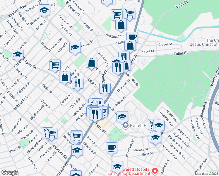 map of restaurants, bars, coffee shops, grocery stores, and more near 12 Kenwood Road in Everett