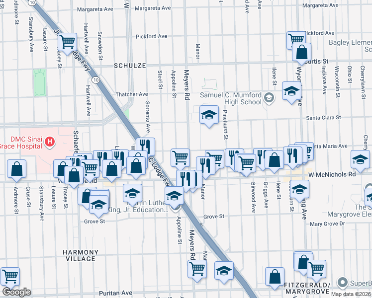 map of restaurants, bars, coffee shops, grocery stores, and more near 17303 Meyers Road in Detroit