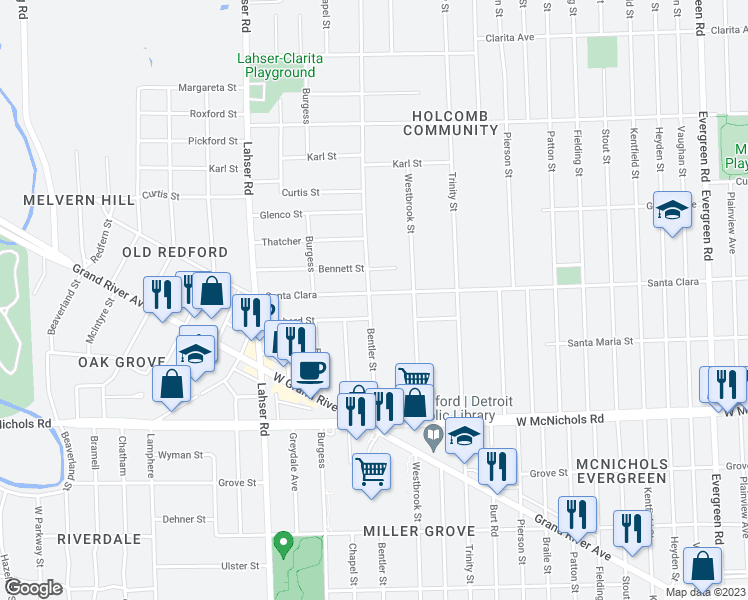 map of restaurants, bars, coffee shops, grocery stores, and more near 17432 Bentler Street in Detroit
