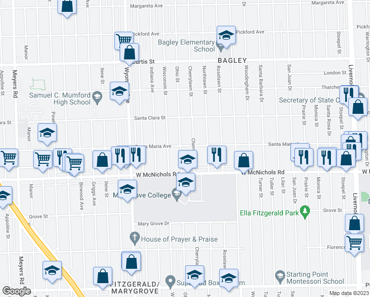 map of restaurants, bars, coffee shops, grocery stores, and more near 17208 Ohio Street in Detroit