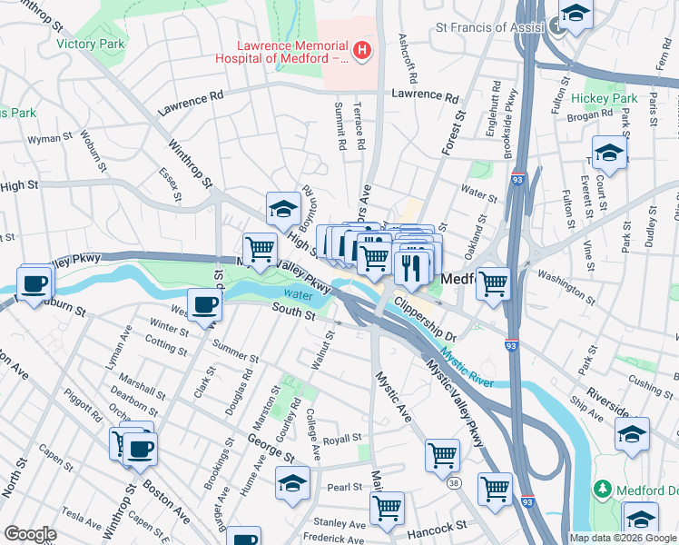 map of restaurants, bars, coffee shops, grocery stores, and more near 80 High Street in Medford