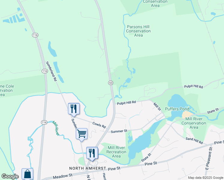 map of restaurants, bars, coffee shops, grocery stores, and more near 268 Montague Road in Amherst