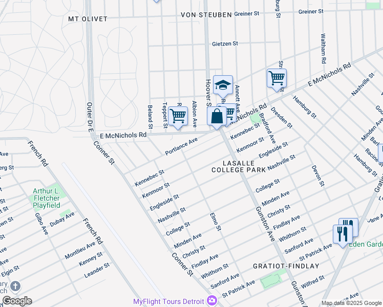 map of restaurants, bars, coffee shops, grocery stores, and more near 11427 Kennebec Street in Detroit