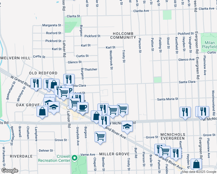map of restaurants, bars, coffee shops, grocery stores, and more near 21331 Santa Clara in Detroit