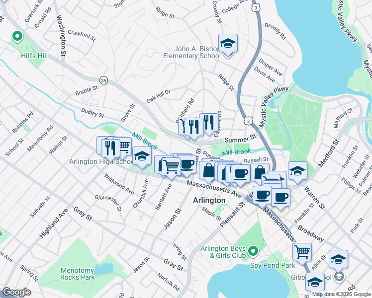 map of restaurants, bars, coffee shops, grocery stores, and more near 30 Mill Street in Arlington