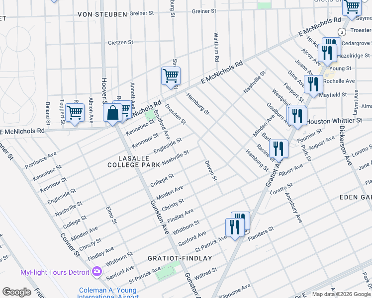 map of restaurants, bars, coffee shops, grocery stores, and more near 12070 Nashville Street in Detroit