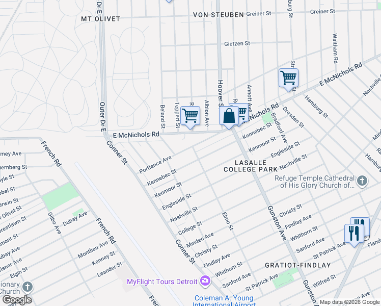 map of restaurants, bars, coffee shops, grocery stores, and more near 11362 Portlance Street in Detroit